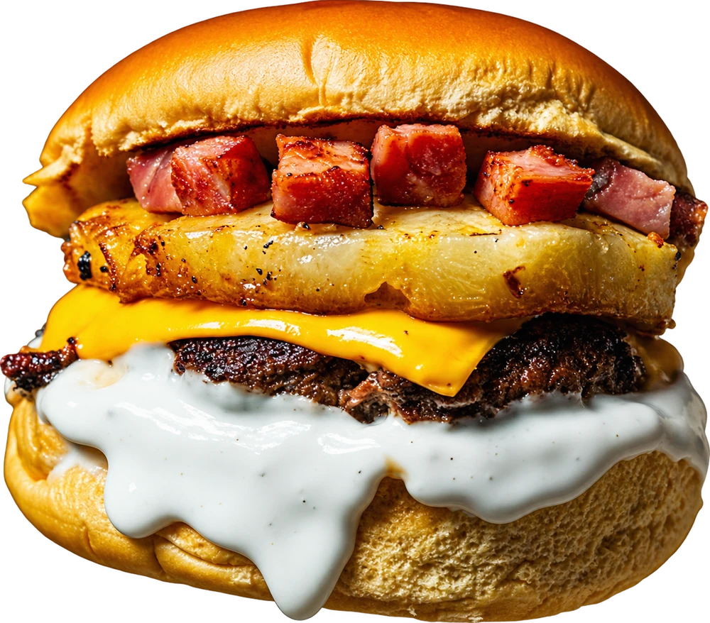 Hambúrguer artesanal Gargalhada com cheddar, bacon e abacaxi tostado — O Smile Burger em Joinville